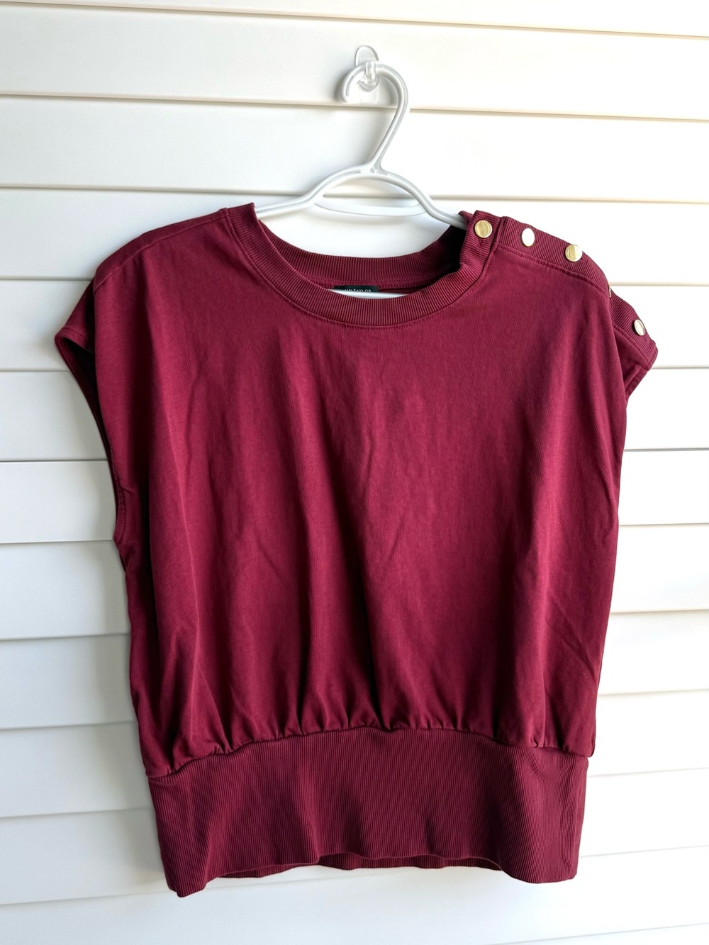 Ann Taylor Burgundy Short-Sleeve Top with Shoulder Snap Buttons